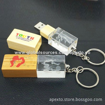 Promotional Crystal USB Flash Drive with LED Light, Made of Bamboo with 8 or 16g, USB2.0 and 3.0